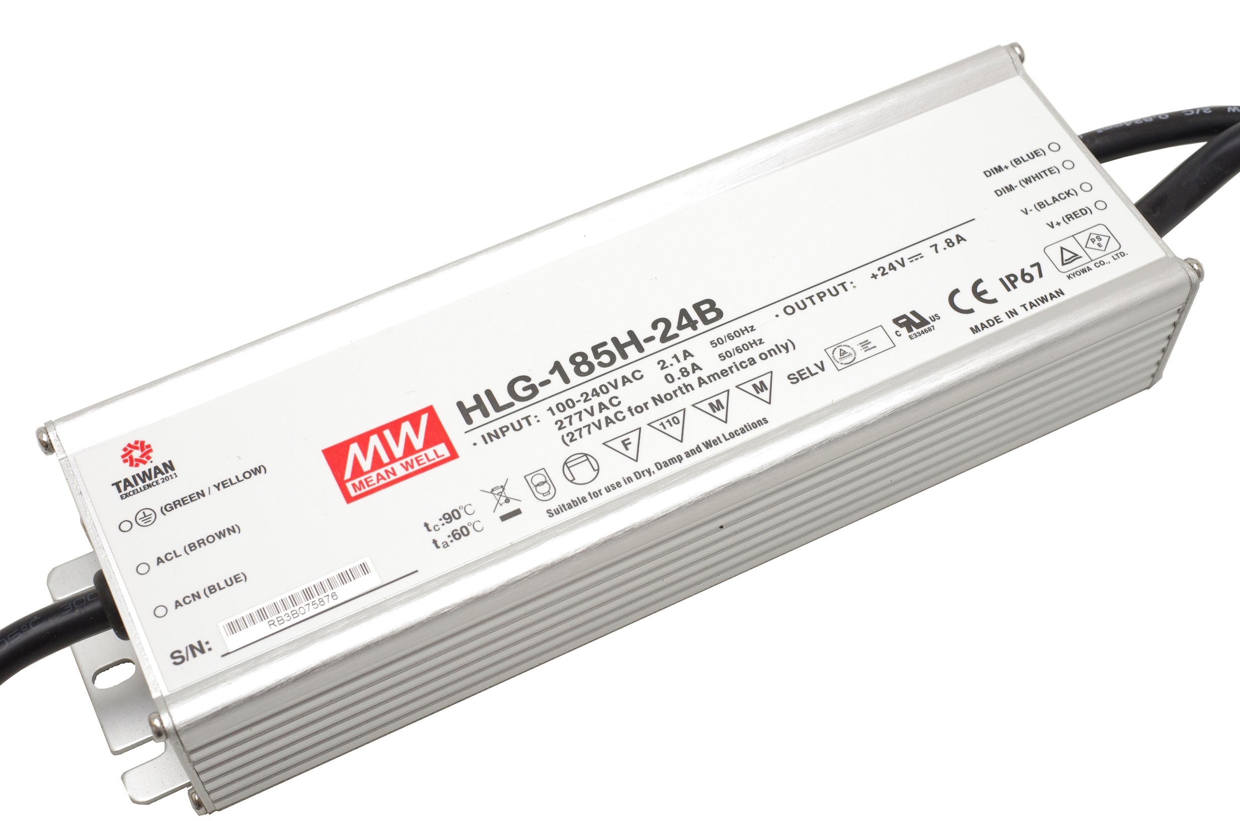 HLG-185H-24B - AC/DC LED-Schaltnetzteil, Metallgehäuse - IP67 187W 24V/7,8A CV+CC dimmbar
