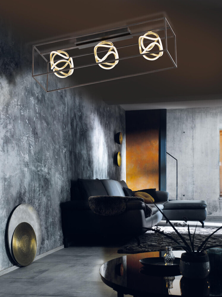 Stilvolle 3x LED Deckenleuchte von Fischer & Honsel in mattem Schwarz mit Blattgold-Blende