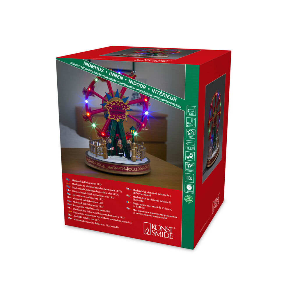 Konstsmide Leuchtfiguren Riesenrad mit Animation und 8 klassischen Weihnachtsliedern 12 bunte Dioden 4 5V Innentrafo batteriebetrieben Innen transparentes Kabel