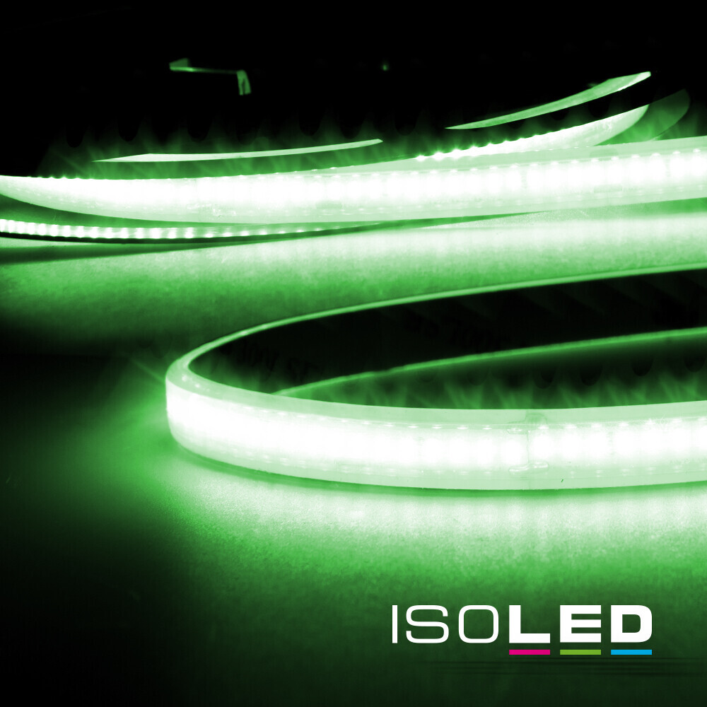 Qualitativ hochwertiger, grüner LED Streifen von Isoled mit 240 LEDs pro Meter und einer Länge von 5 Metern, wetterfest nach IP68 Standard.