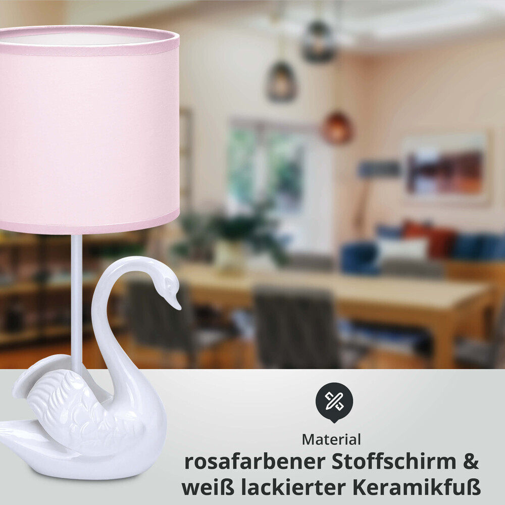 Designerische runde Tischleuchte aus Keramik mit Stoffschirm in Rosa-Weiß von LED Universum