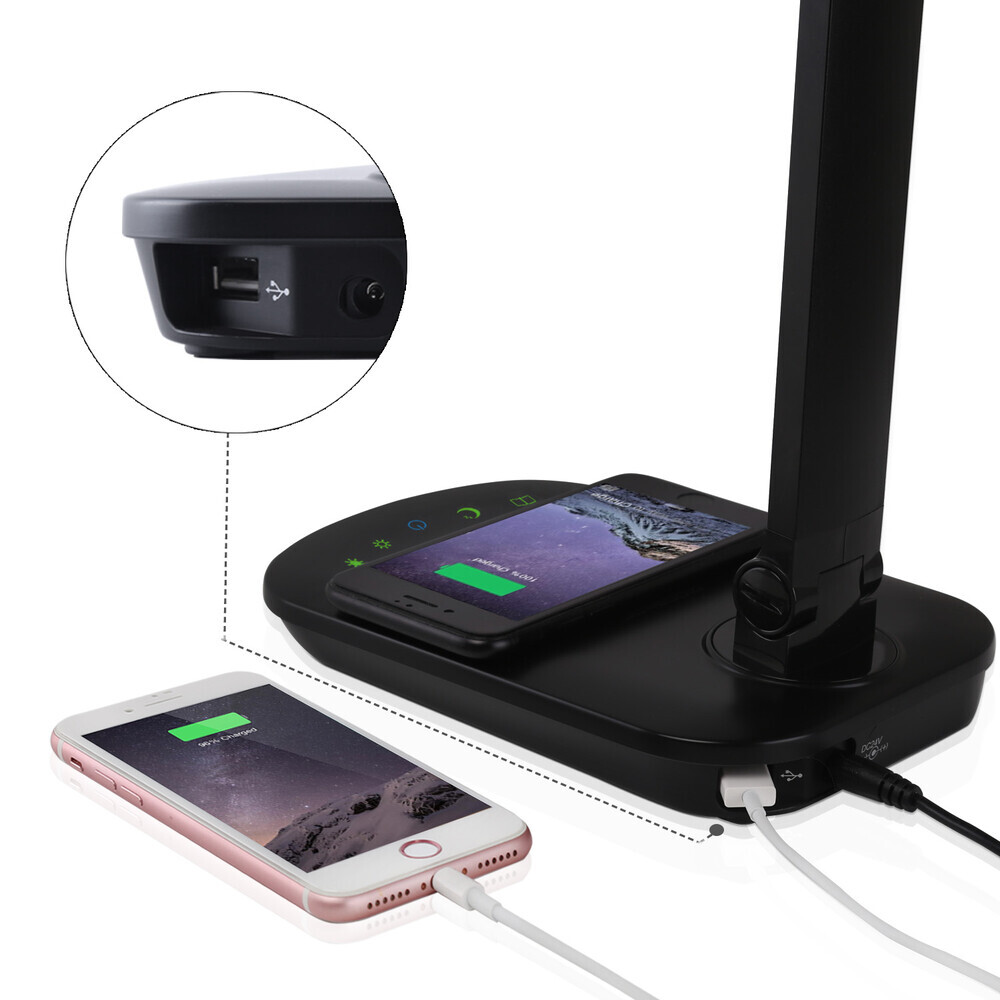 Schwarze, dimmbare LED-Leselampe mit USB-Anschluss und QI Wireless Charging Ladeschale von LED Universum