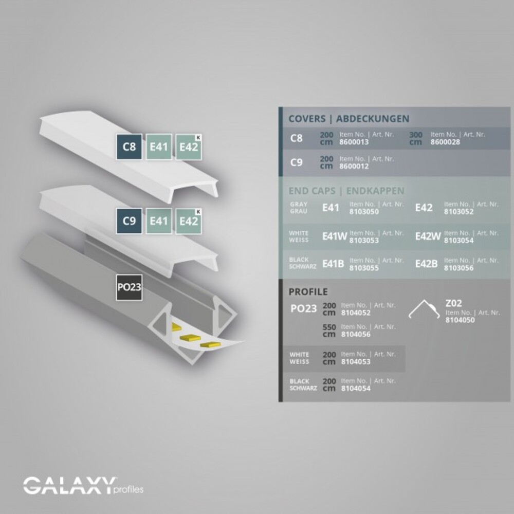 Elegantes, weißes LED Profil von GALAXY profiles, optimal für Strecken bis zu 200cm und LED Stripes mit einer Maximallänge von 11mm
