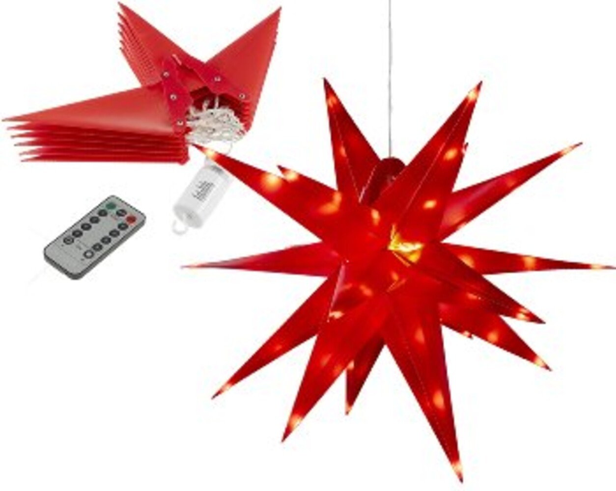 Großer, rot leuchtender 3D Weihnachtsstern von ChiliTec, mit warmweißen LEDs beleuchtet