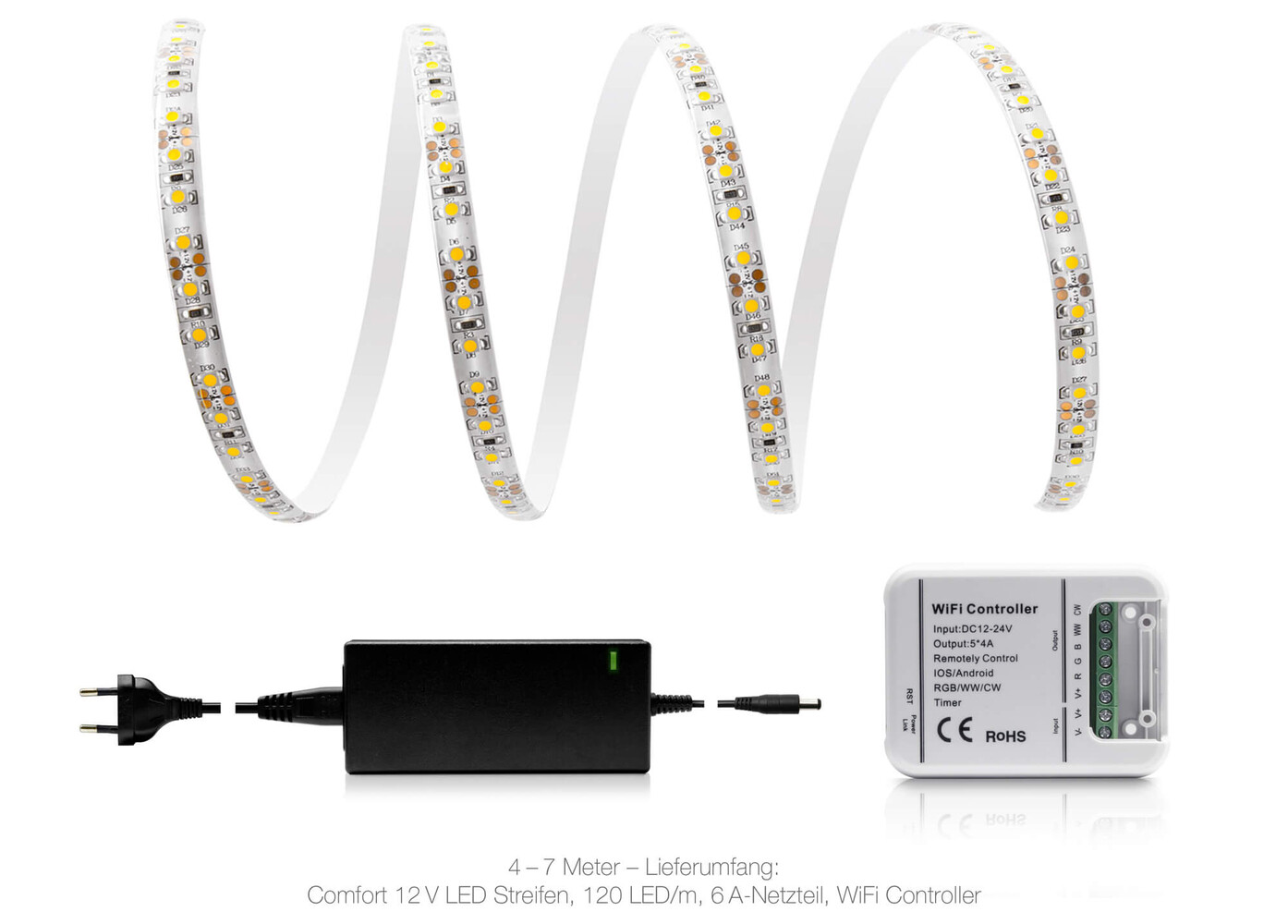 hochwertiger LED Streifen von LED Universum mit komfortabler 12V Technologie und warmweißem Licht
