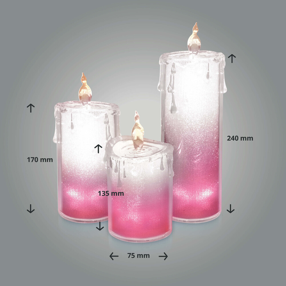 Eindrucksvolle rosa LED Kerzen mit funkelndem Acryl Glitzer bekennen von LED Universum