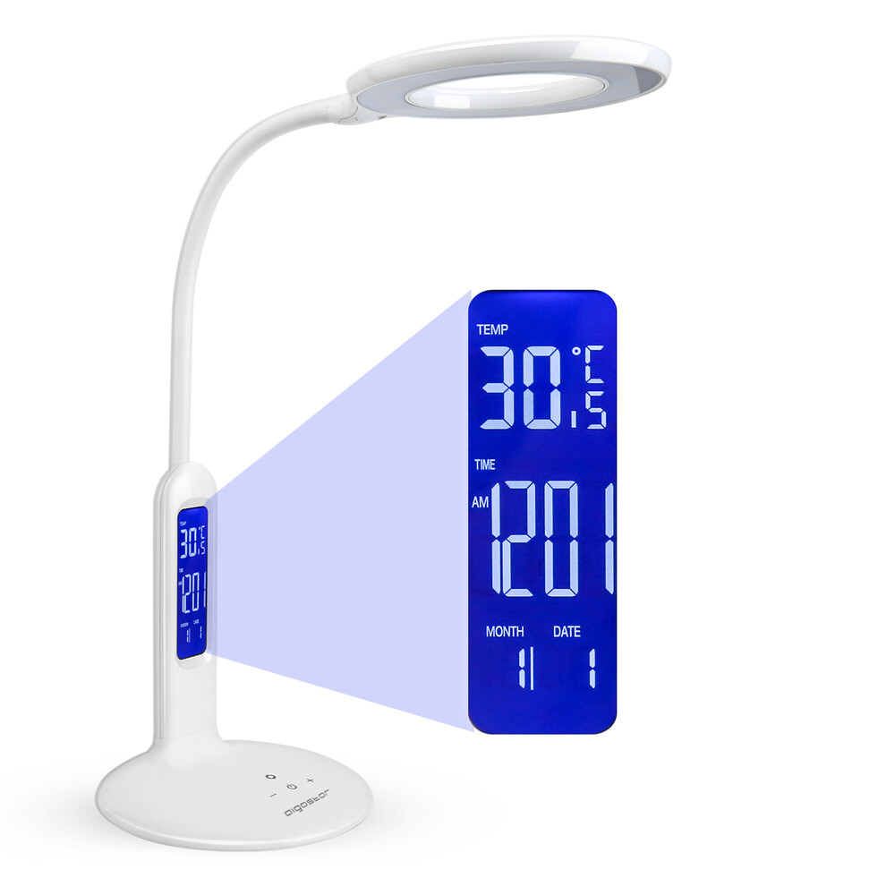Moderne weiße Leselampe von LED Universum mit integrierter Uhr und Thermometer