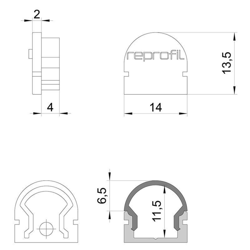 Set von 2 Endkappen der Marke Deko-Light in einer Länge von 14 mm, einer Breite von 6 mm und einer Höhe von 13,5 mm