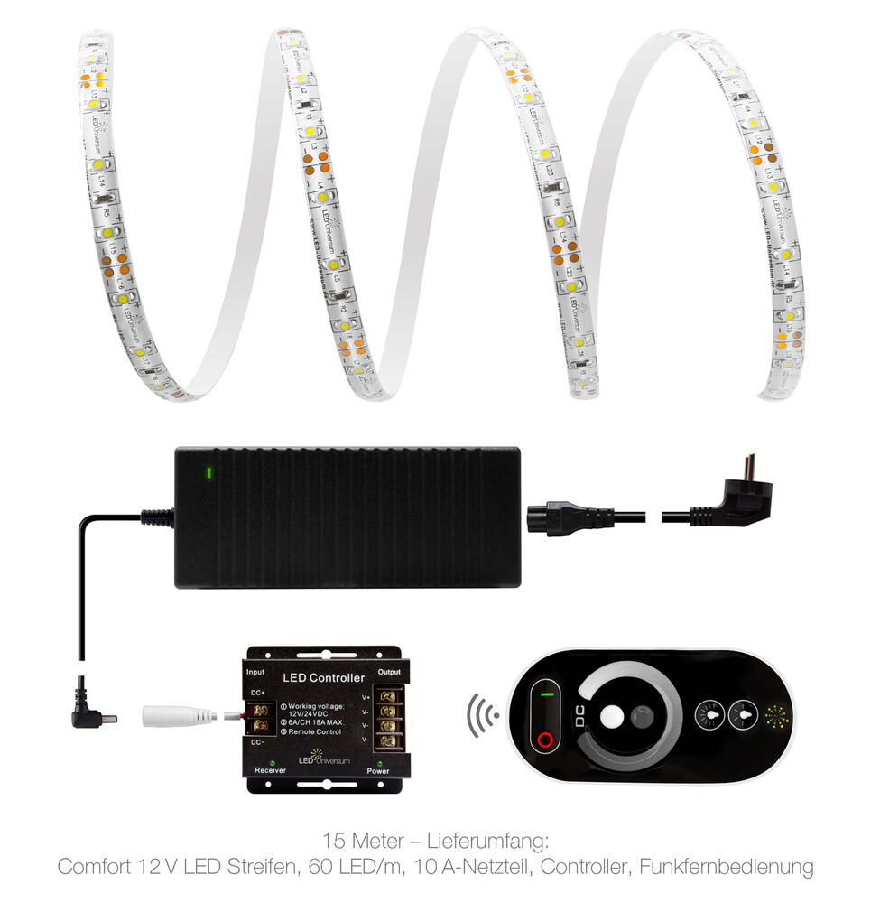 Hochwertiger und langlebiger LED Streifen von LED Universum mit angenehmem kaltweißem Licht und effizientem Netzteil