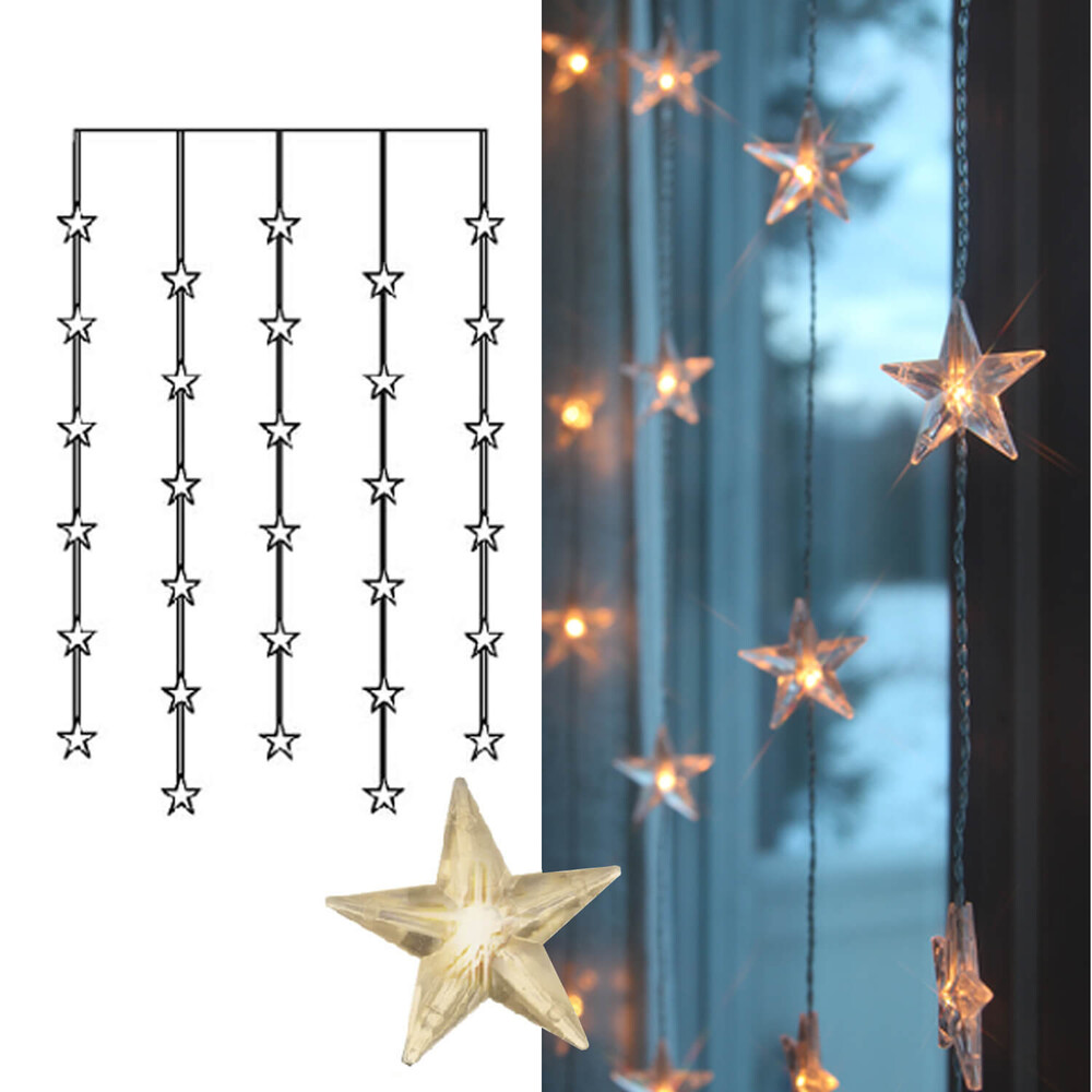 Stilvoller Lichtervorhang mit warmweißen LEDs und Sternen von Star Trading