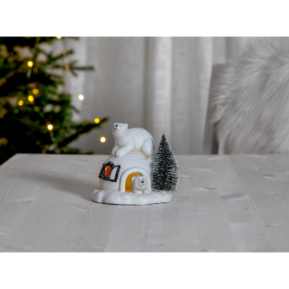 Beeindruckende warmweiße LED-Weihnachtsfigur von Star Trading, darstellend ein eindrucksvolles Iglu mit Eisbären unter Tannen