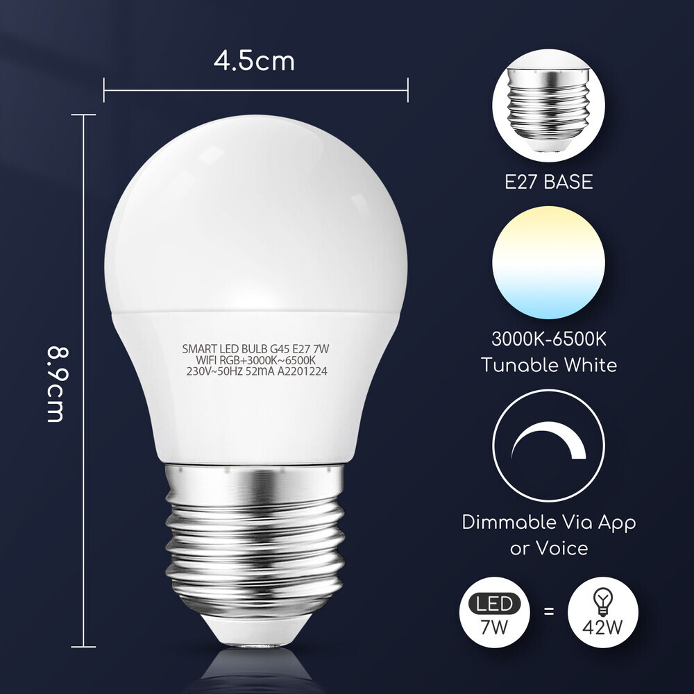 Smart LED Leuchtmittel Glühlampe 5W E27 RGB+CCT 3000-6500K 350lm Ø45x89mm  (G45) WiFi App Google Alexa