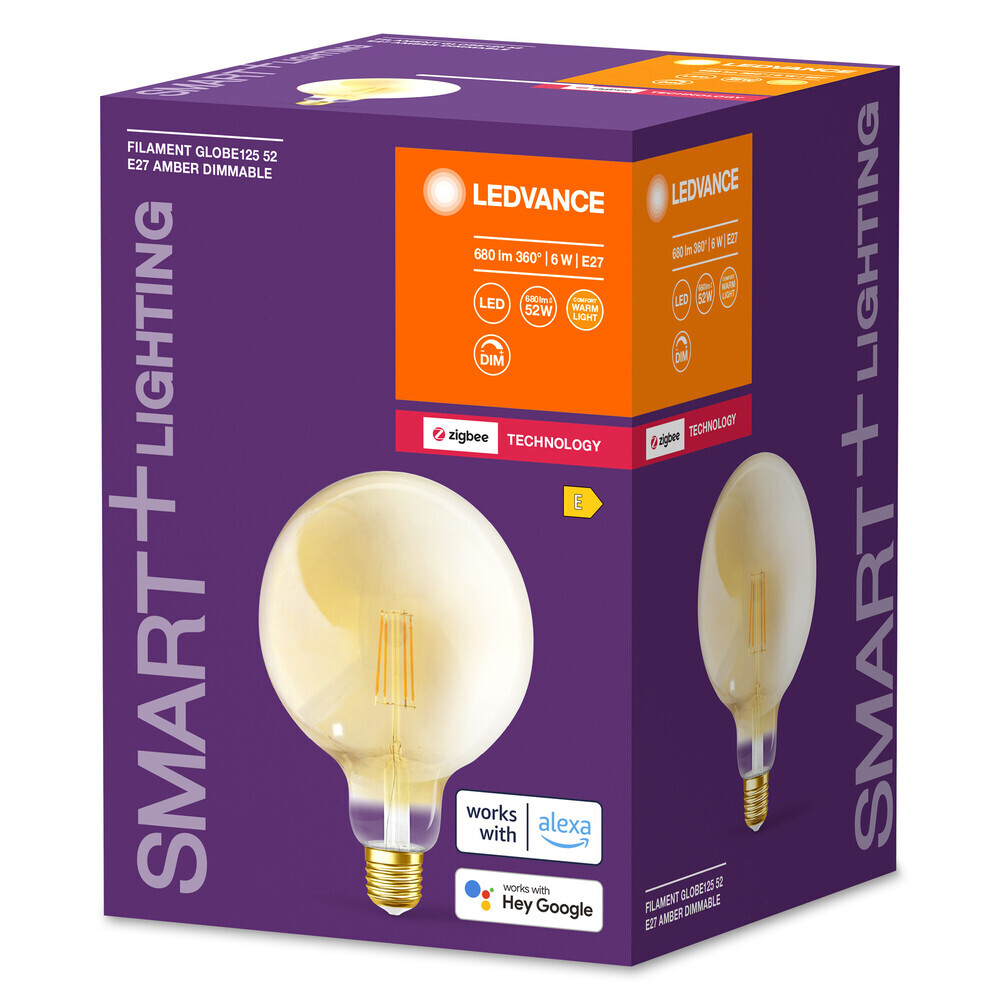 Elegantes Filament Leuchtmittel von LEDVANCE, leuchtet in warmen 2400 K, dimmbar und energieeffizient