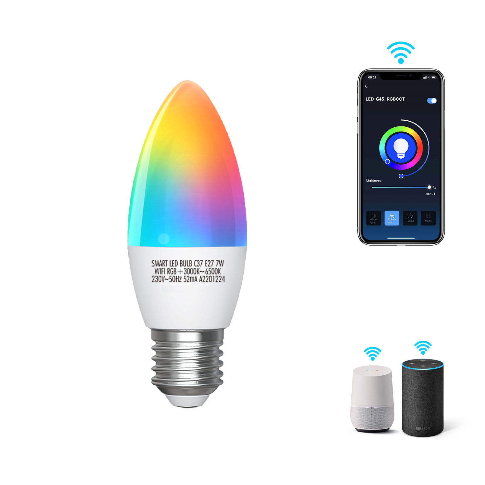 Smart LED Leuchtmittel Glühlampe 6,5W E27 RGB+CCT 2700-6500K 555lm Ø37x107mm (C37) WLAN WB App Google Alexa