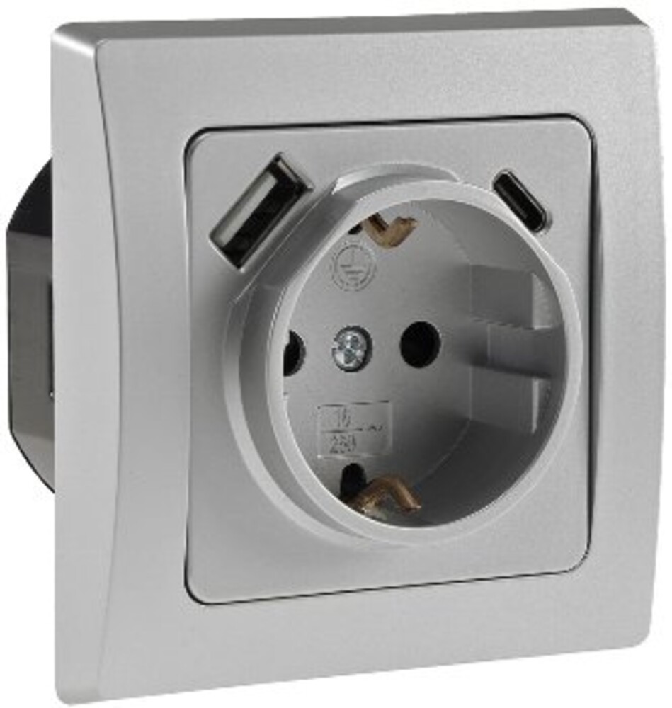 Schutzkontakt-Steckdose in Silber mit USB-C-Anschluss der Marke ChiliTec