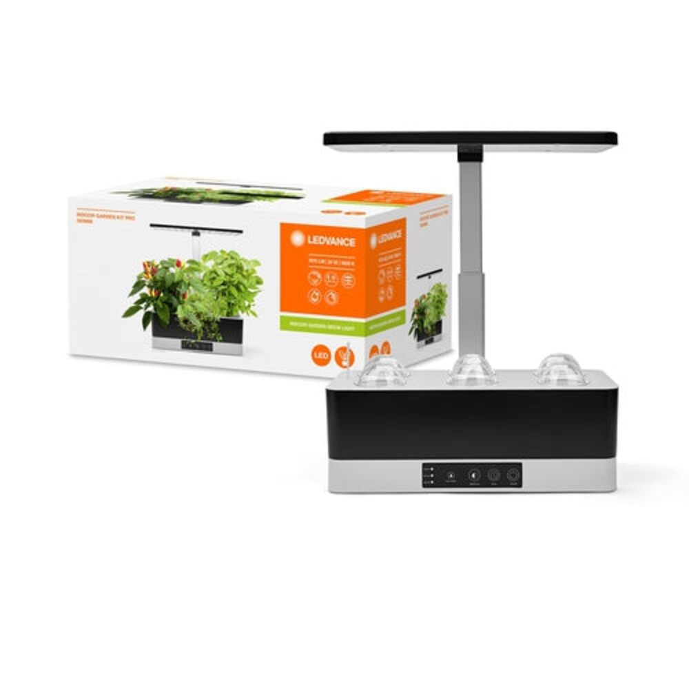 LEDVANCEs innovatives Indoor Garden Pro 360 Kit, erstrahlt in glänzendem Schwarz mit einer Farbtemperatur von 3600 K und liefert beeindruckende 1670 Lumen