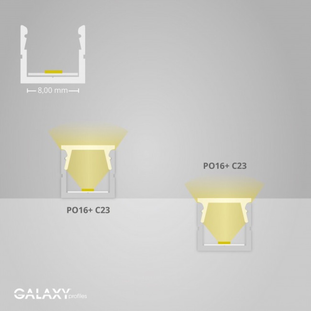 Hochwertiges LED Profil von GALAXY profiles in schwarz, Design RAL 9005, ideal für LED Stripes mit einer Breite von maximal 8 mm