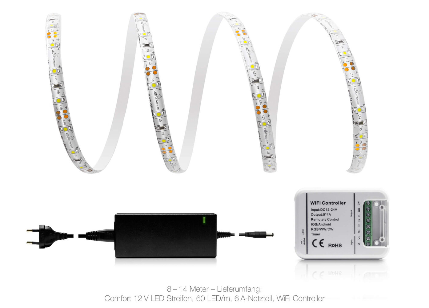 Hochwertiger, kaltweißer LED-Streifen mit WLAN-SET von LED Universum