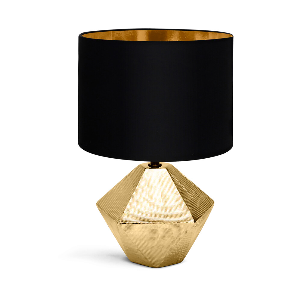 Schwarz-goldene Tischleuchte aus Keramik mit rundem Stoffschirm von LED Universum