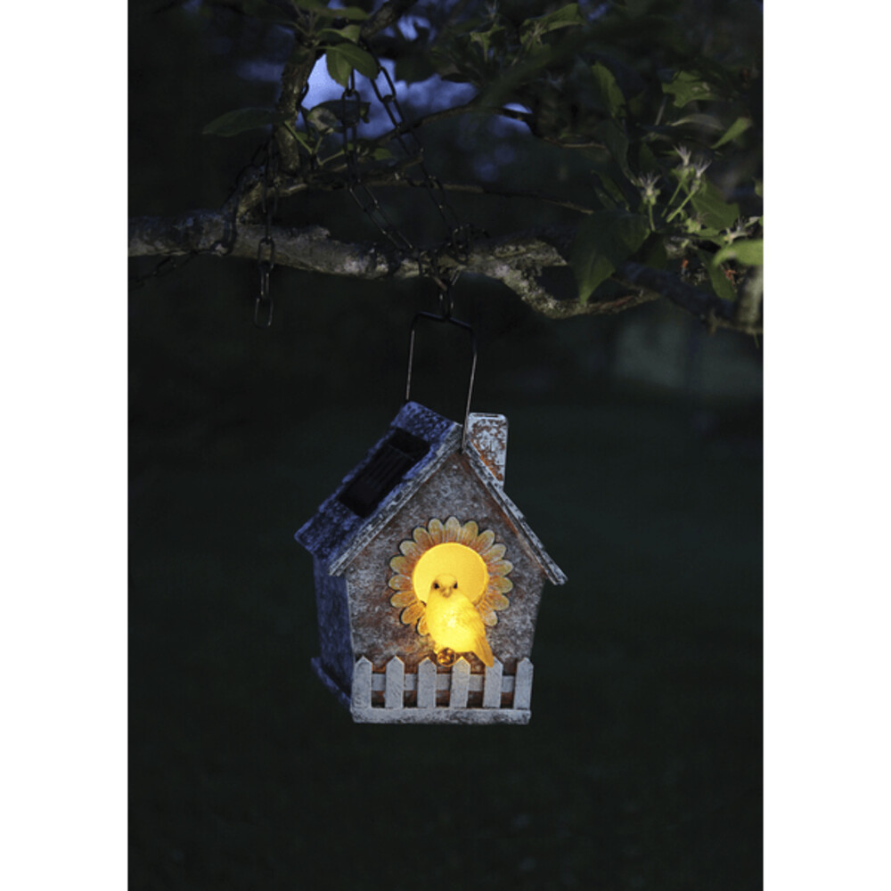 Farbenfrohes LED Solar Vogelhaus von Star Trading, kompakt mit Dimensionen 16 x 13 cm