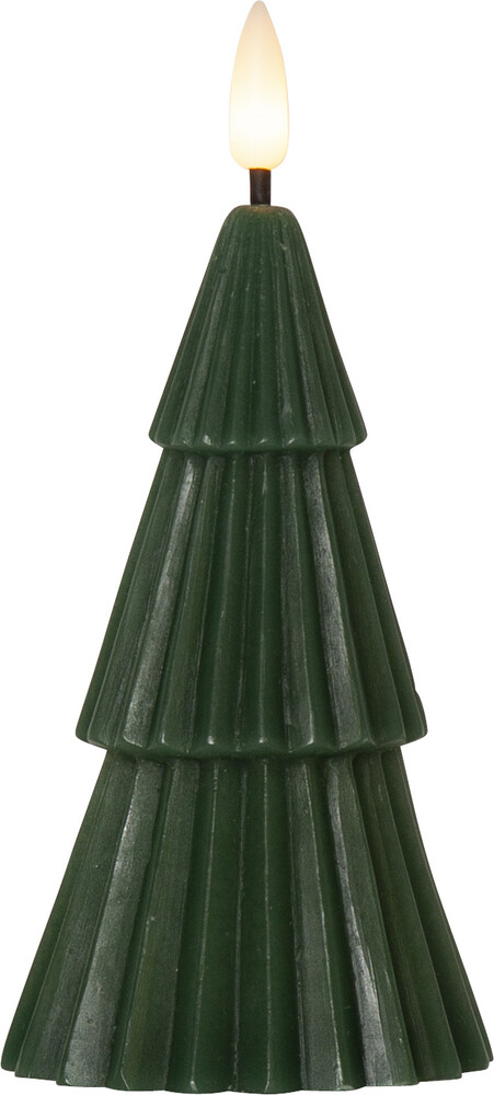 Star Trading 061-48 LED-Echtwachs-Kerze "Flamme Grany"grün, Tannenform, ca. 7x15 cm,naturgetreue Flamme, ohne Batterie, Timer, Vierfarb-Karton