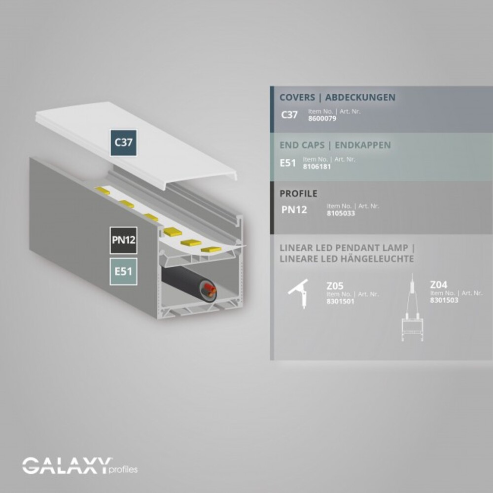 Silbernes LED Profil von GALAXY profiles, 150cm und pulverbeschichtet, geeignet für LED Stripes mit max 50mm Breite