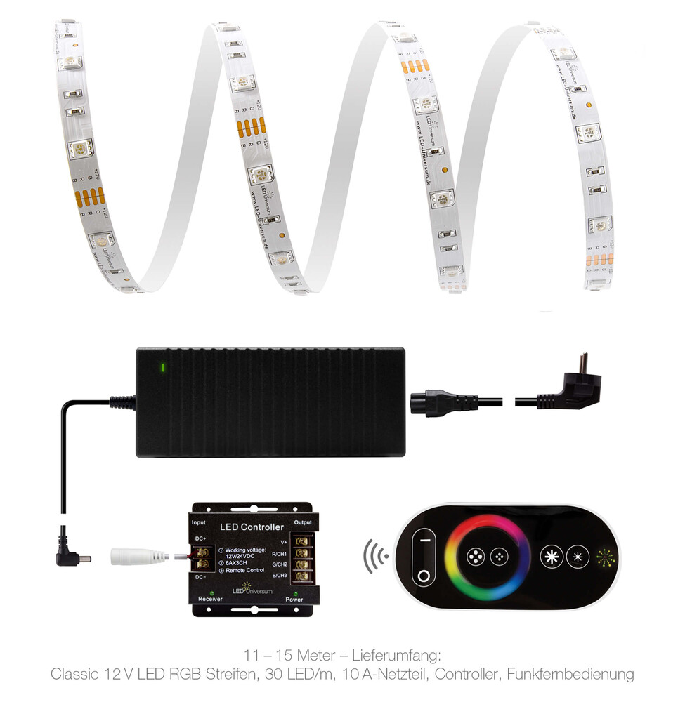 Hochwertiger RGB LED Streifen von LED Universum mit praktischer Fernbedienung und robustem Netzteil