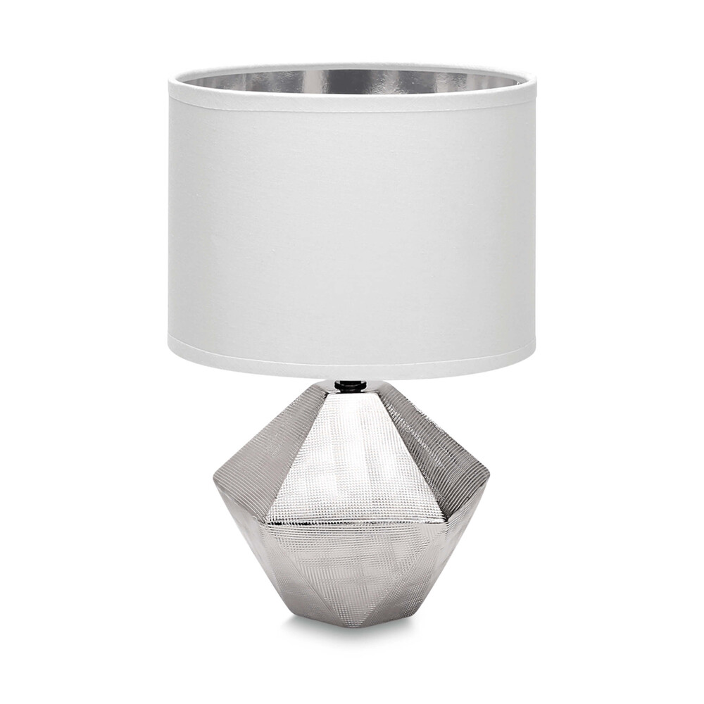 Elegante weiße Tischleuchte aus Keramik mit silbernem Stoffschirm von LED Universum