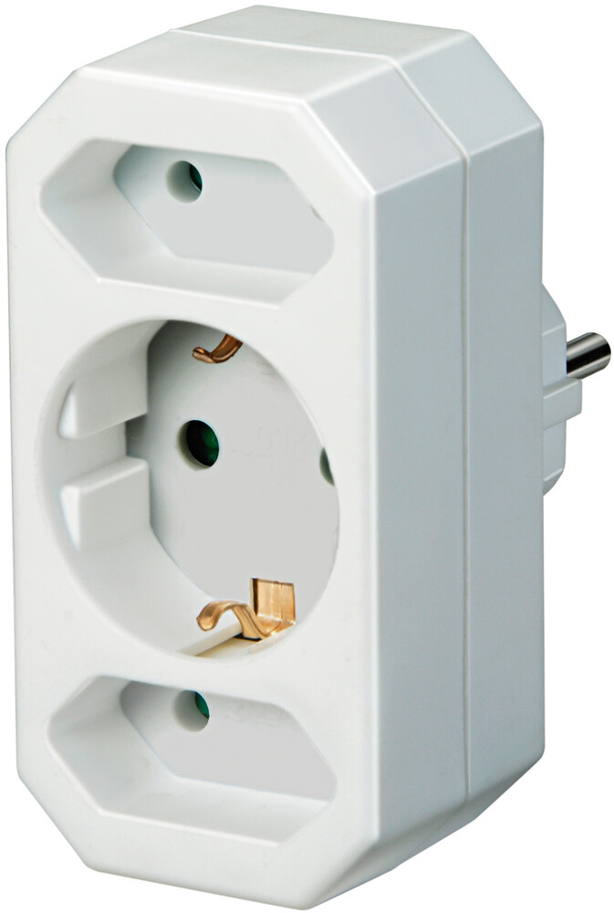 Hochwertiger weißer Adapterstecker von Brennenstuhl mit 2 Euro Steckdosen und einem Schutzkontakt