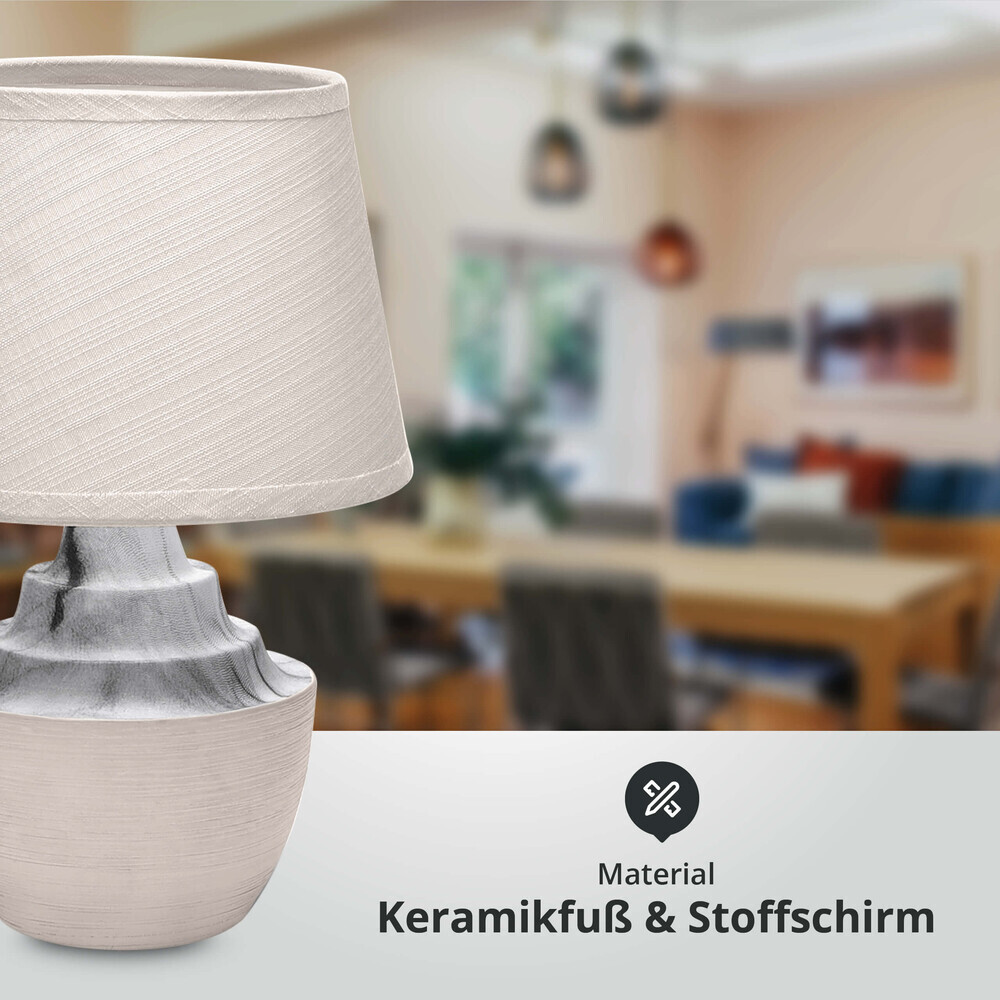 Elegante, hellbraune Tischleuchte aus Keramik mit rundem Stoffschirm von LED Universum