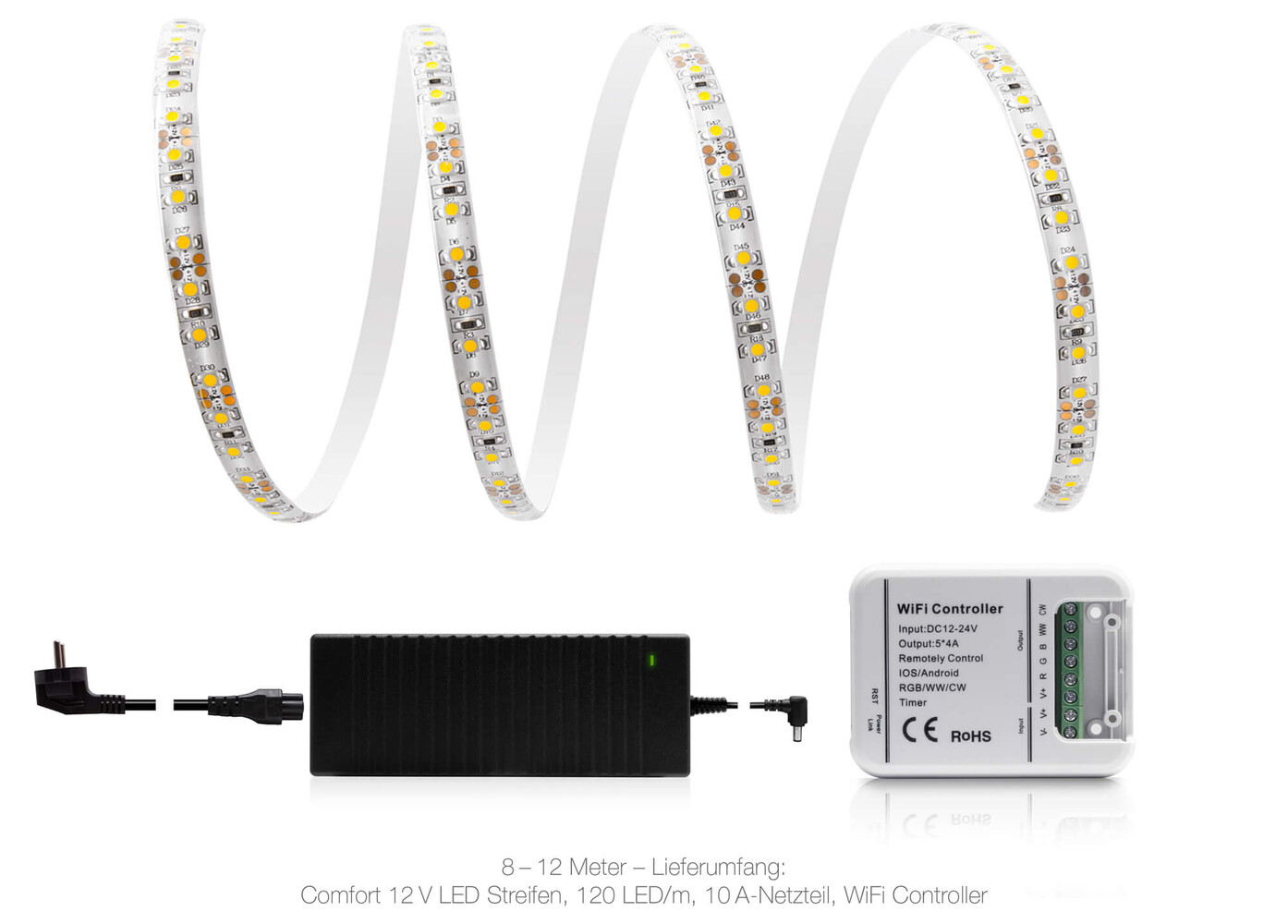 Hochwertiger, warmweißer LED Streifen von LED Universum mit 120 LEDs pro Meter, IP65 geschützt und WLAN Funktion