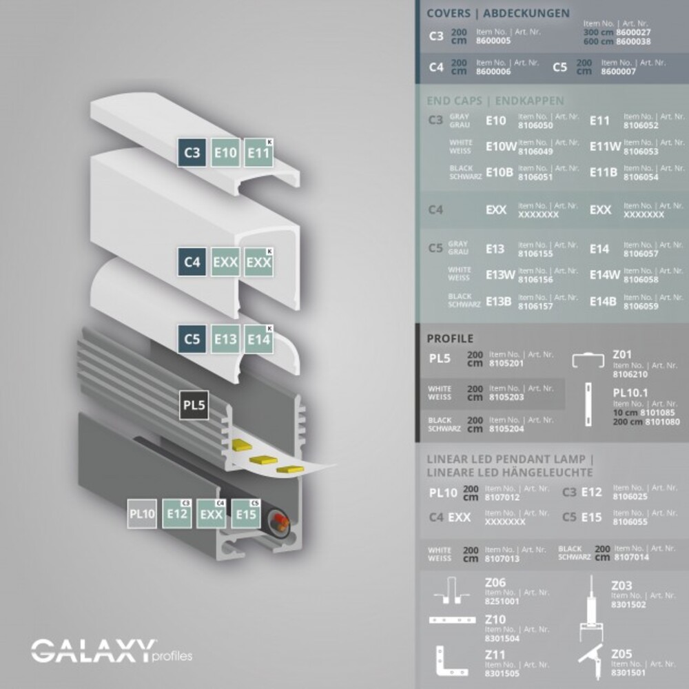 Hochwertiges LED Profil von GALAXY profiles in schwarz RAL 9005 für LED Stripes bis 12 mm