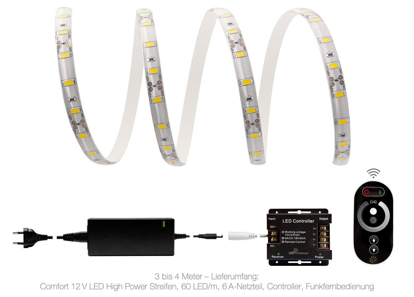 Hochwertiger, warmweißer Comfort LED Streifen von LED Universum mit integriertem 5630 Funk SET und IP65 Schutz