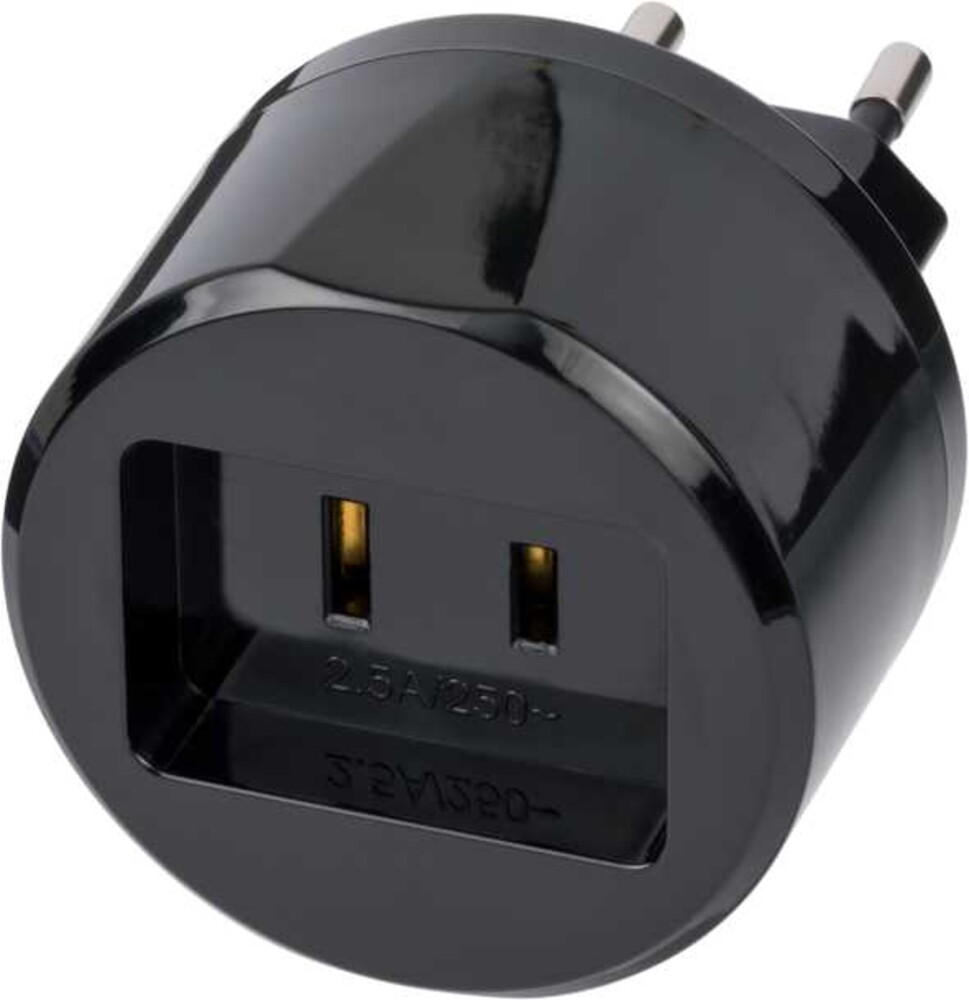 Schwarzer Reisestecker-Adapter der Marke Brennenstuhl, 2-polig, geeignet für USA, Japan, Kanada, Mexiko und Dom Rep, mit einer Kapazität von 2,5A