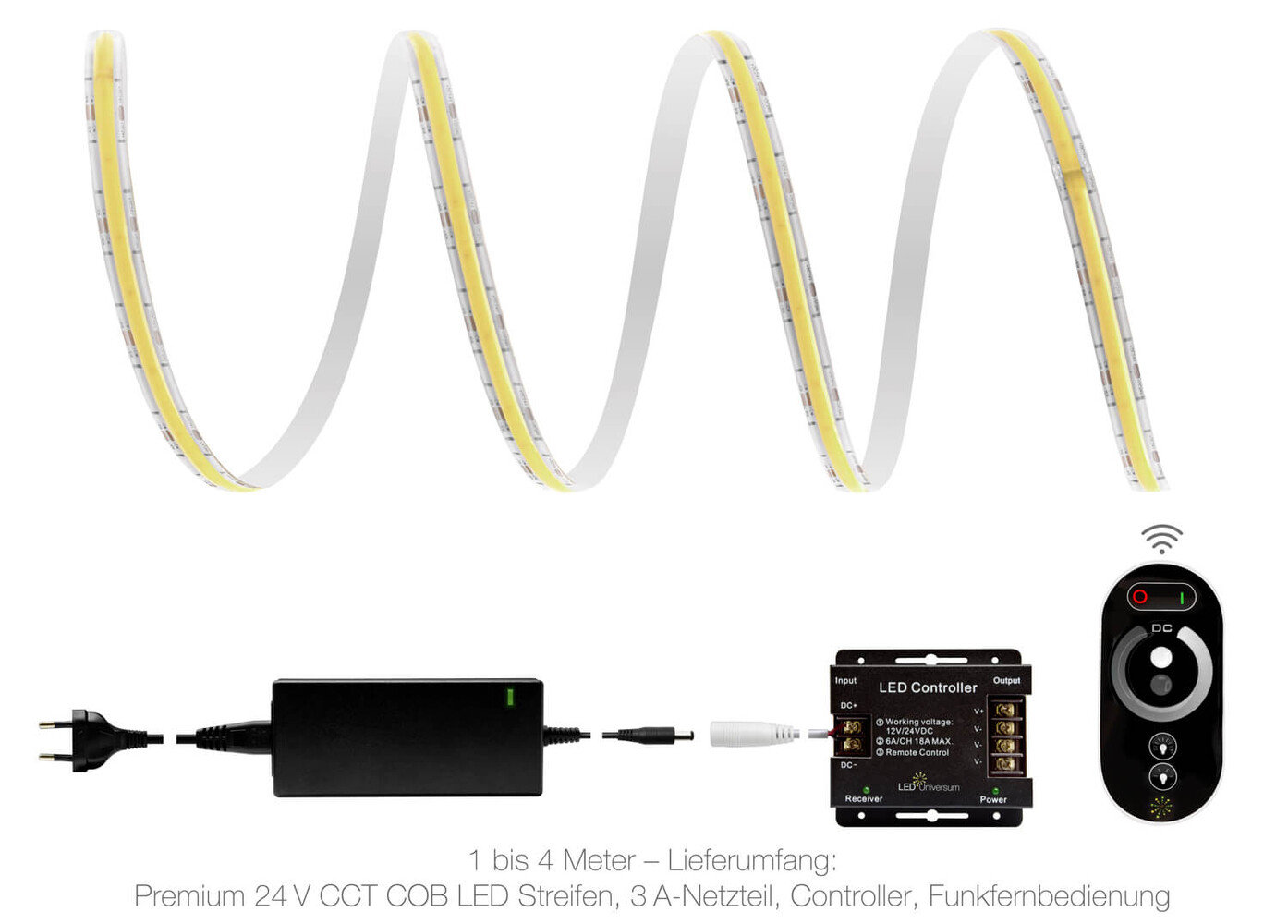 Hochwertiger Premium LED Streifen von LED Universum, 24V, mit innovativer COB Technologie und Funk Set
