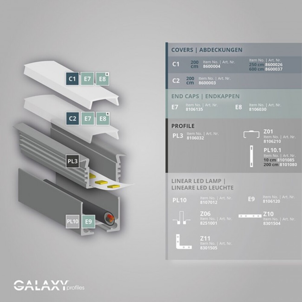 Elegantes GALAXY profiles LED-Profil mit Hochflügel in einem 200 cm Modell, geeignet für LED-Streifen von bis zu 12 mm