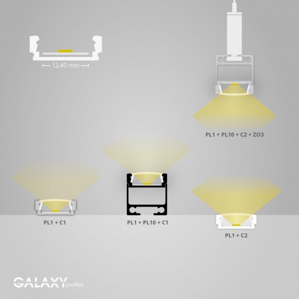 flaches, weißes LED-Profil von GALAXY profiles in 200 cm Länge mit einer maximalen Breite für LED-Stripes von 12 mm