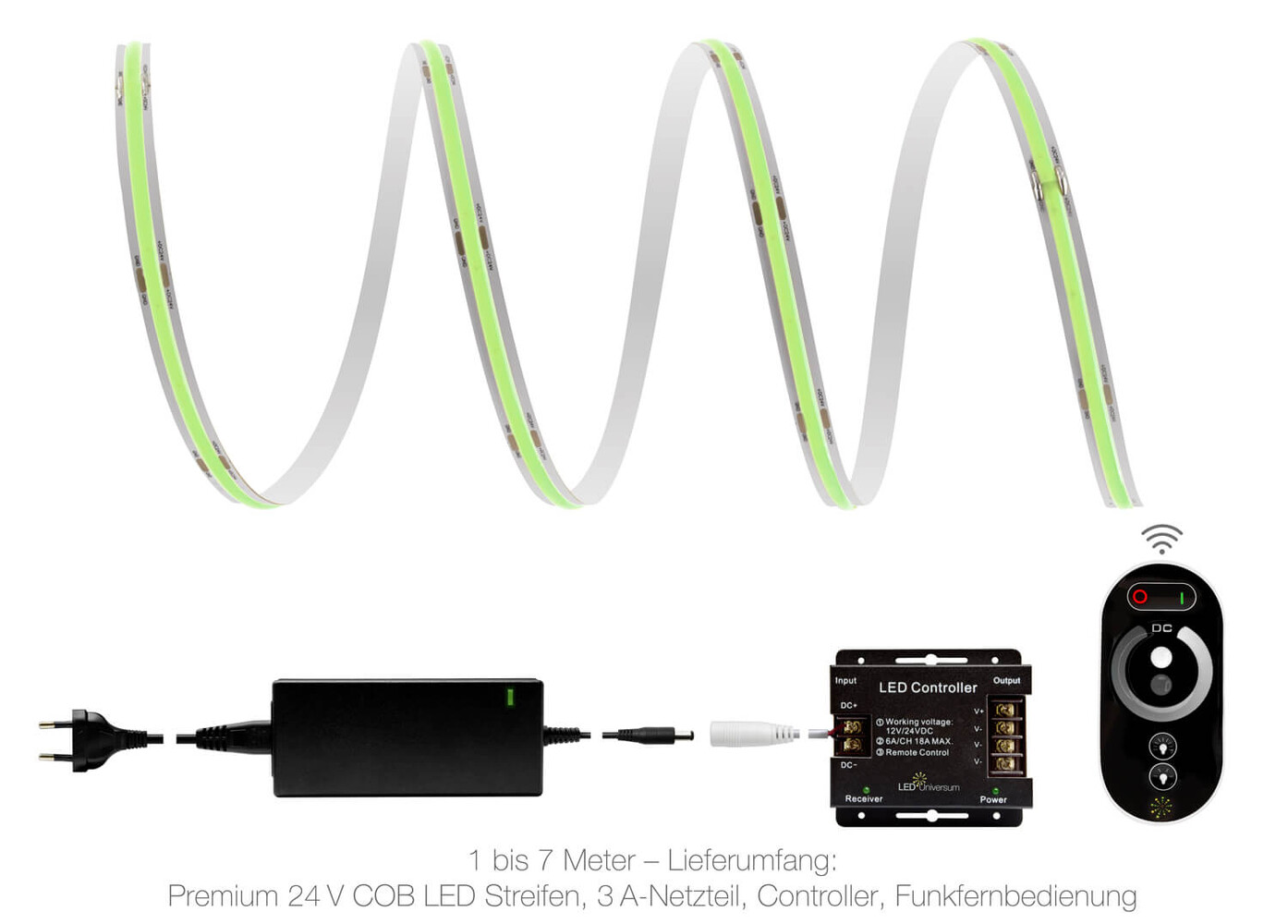 Hochwertiger grüner LED Streifen mit Premium 24V COB Technologie und Funk SET von LED Universum