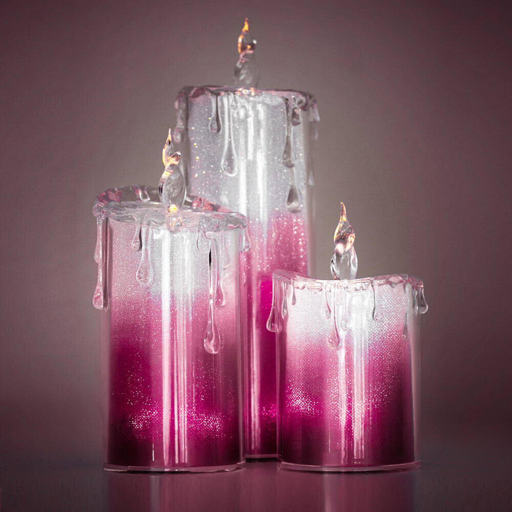 Glitzernde rosa LED Kerzen im 3er Set von LED Universum mit praktischer Fernbedienung und Timer