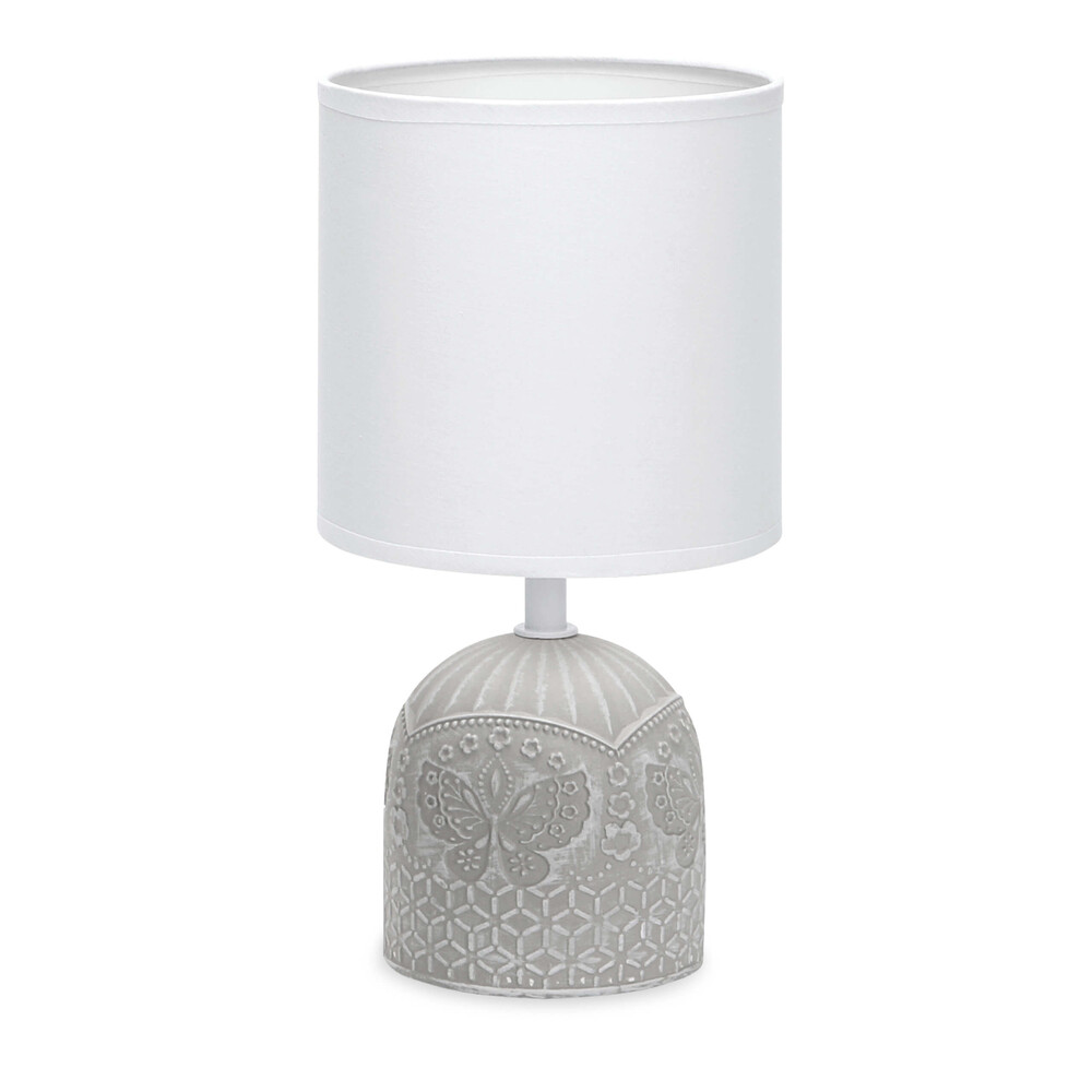 Runde Keramik Tischleuchte mit Stoffschirm und E14 Sockel in Weiß und Grau gemustert von LED Universum