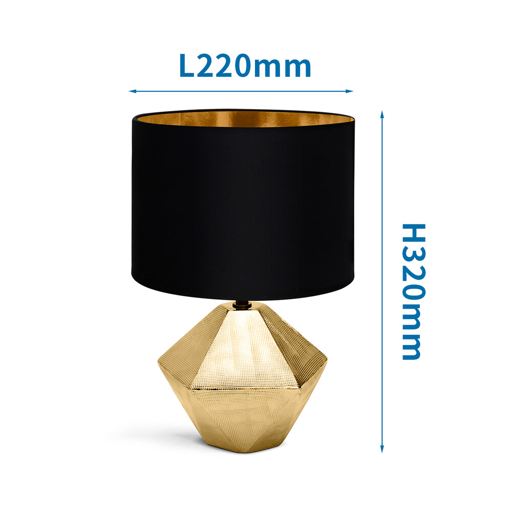 Elegante, runde Tischleuchte aus Keramik mit schwarz-goldenem Stoffschirm von LED Universum