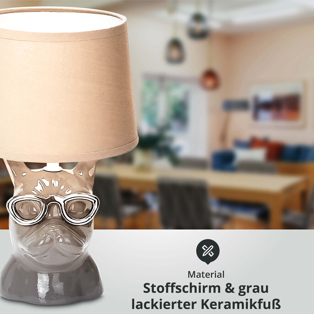 Runde LED Universum Tischleuchte aus grauer Keramik mit Stoffschirm und süßem Hund mit Brille
