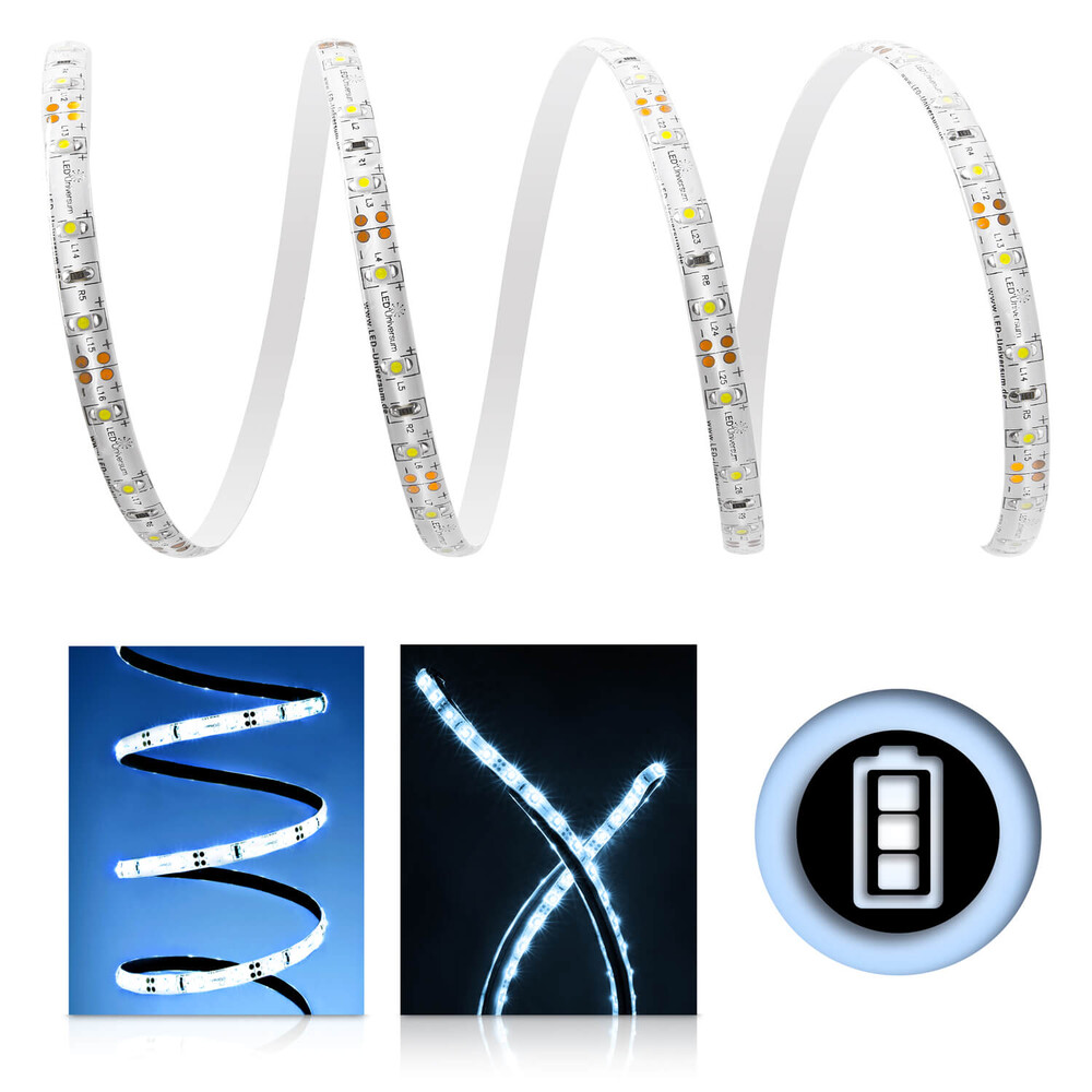 Hochwertiger LED Streifen von LED Universum, kaltweiß, batteriebetrieben und mit IP65 Wasserschutz