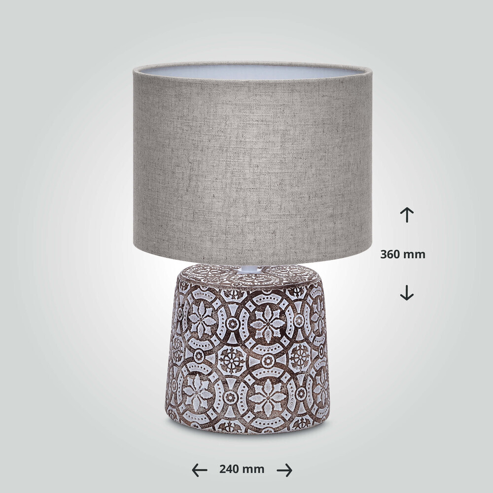 Runde braune Tischleuchte aus Keramik mit gemustertem Stoffschirm von LED Universum