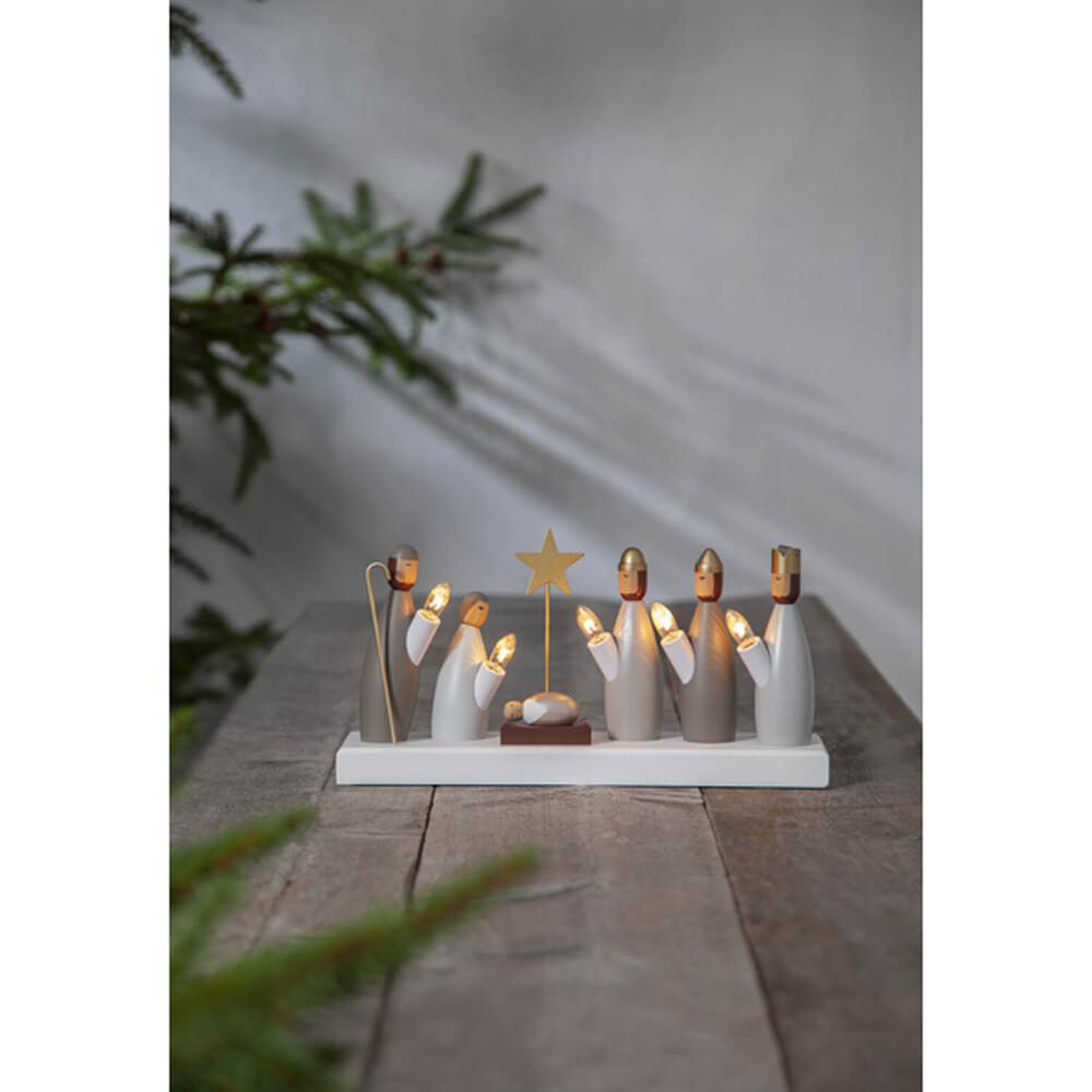 Leuchter von Star Trading, bunt, Weisen, Maria, Josef, Jesuskind, Holz, ca 33x17 cm