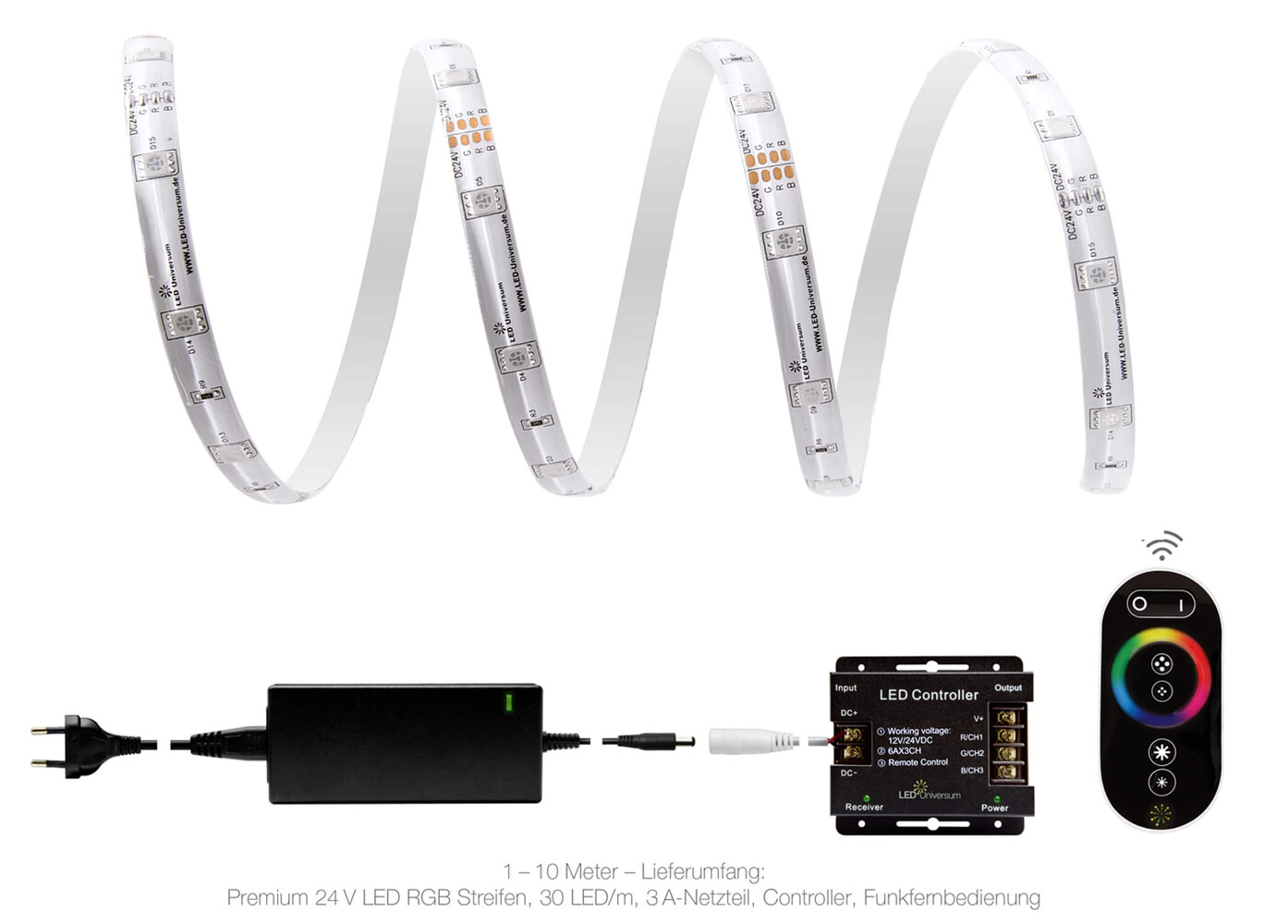 Hochwertiger, farbenfroher LED Streifen von LED Universum mit praktischer Fernbedienung und T Verbinder
