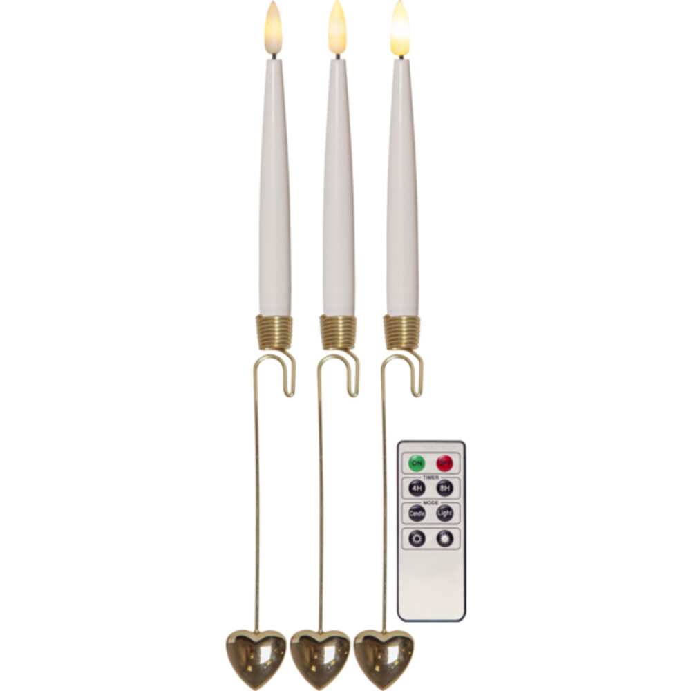 Strahlende warmweiße LED Kerzen von Star Trading in weiß mit goldenen Metallhaltern und Herzdesign