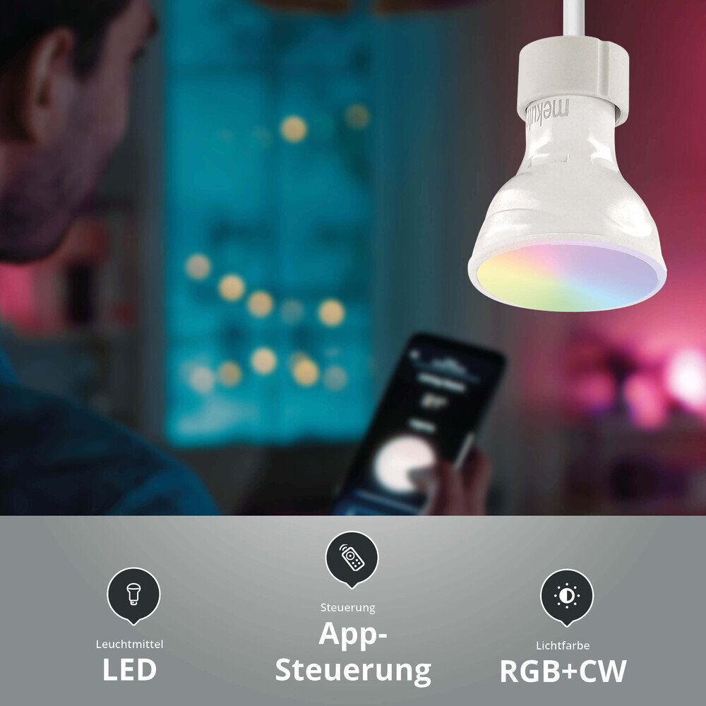 App-gesteuertes Leuchtmittel von LED Universum, das ein helles und farbenfrohes Licht abgibt