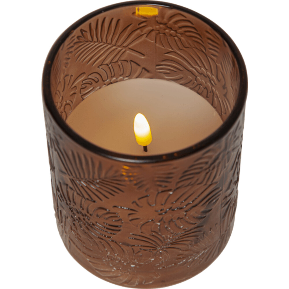 Hochwertige LED Kerze von Star Trading mit realistischer Flamme in dekorativem braunen Glas mit Blattmuster