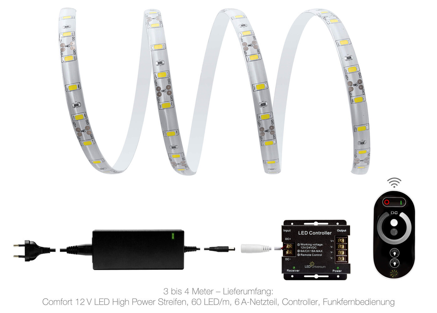 Hochleistungs-LED-Streifen-Set kaltweiß von LED Universum mit 60 LED pro Meter und IP65-Schutz